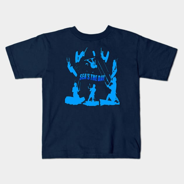 Kitesurfer Pattern Blue Silhouette Seas The Day Fun Pun Kids T-Shirt by taiche